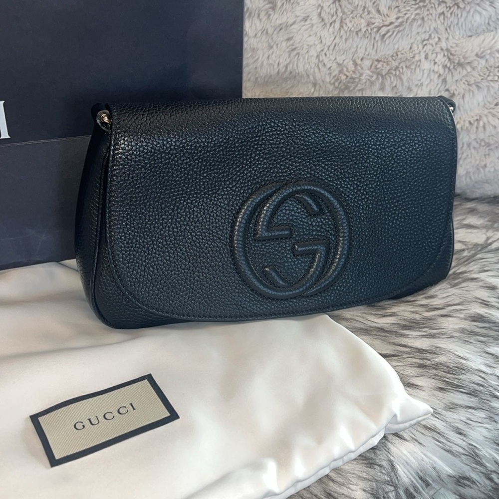 Gucci Soho Interlocking GG Black Leather Gold Chain Flap Shoulder Bag Purse - Picture 3 of 17